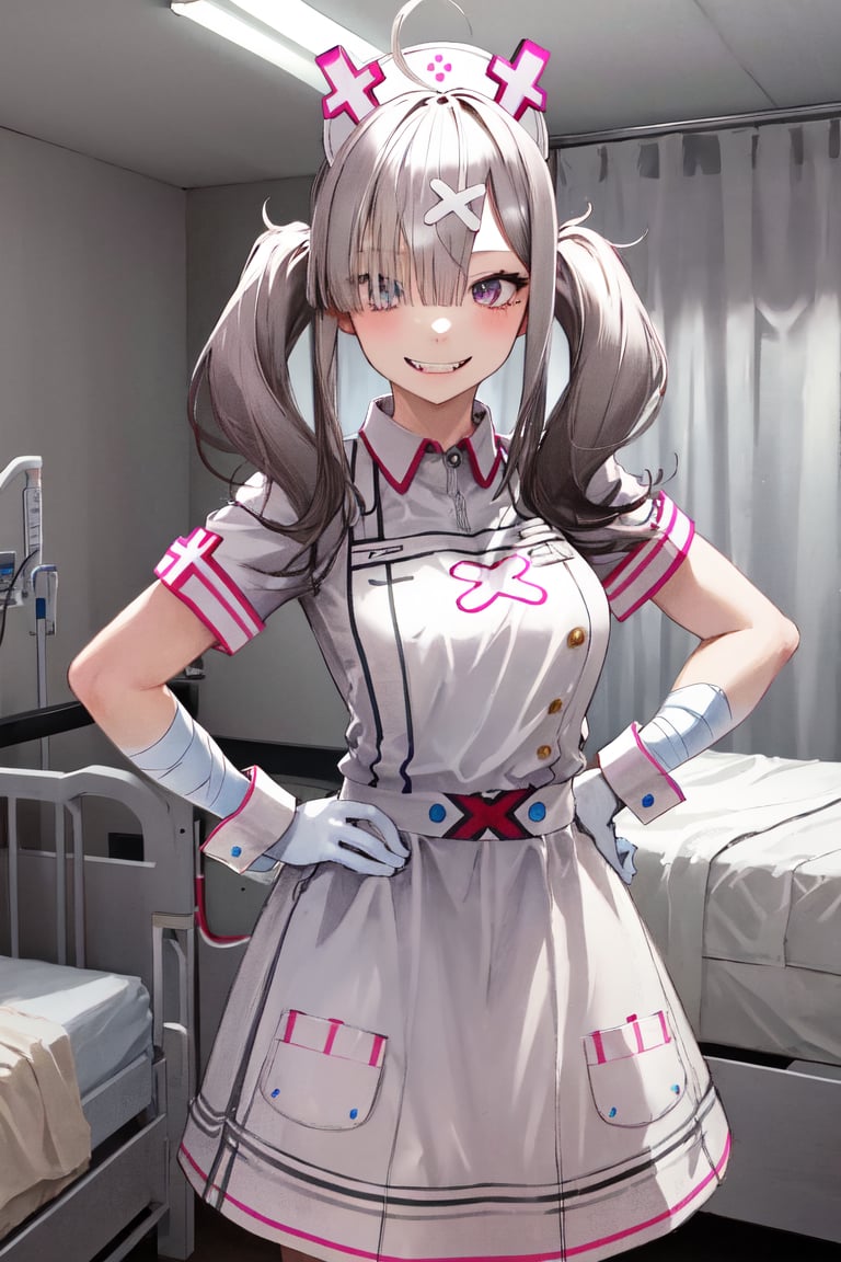 masterpiece, best quality, highres, sk1, white gloves, bandages, white apron, short sleeves, nurse, bandaged arm, wrist cuffs, white dress, fangs, , cowboy shot, standing, hospital bed, smile, hand on hip, 