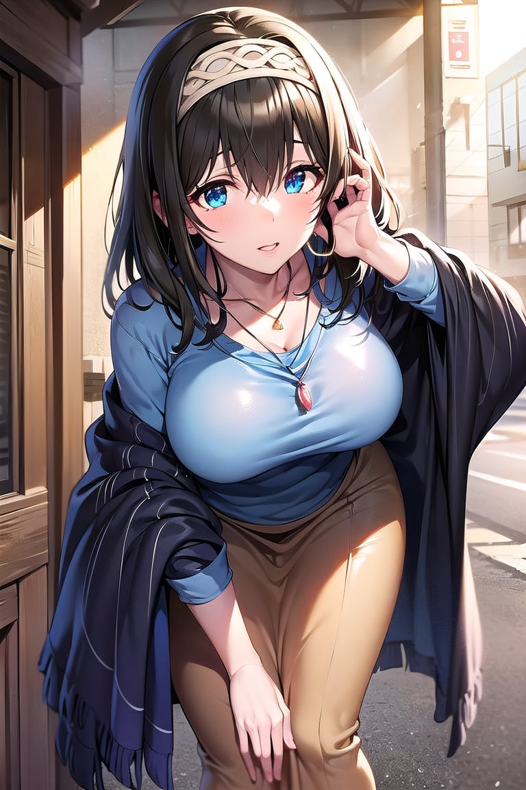 masterpiece, Best Quality, High resolution, aafumika, The Idolmaster, Long Hair, Hairbands, clavicle, necklace, Blue sweater, Blue shawl, Brown Skirt, Cowboy Shot, Standing, sexy pose,Outdoor,bent over and from front,down_blouse,leaning forward