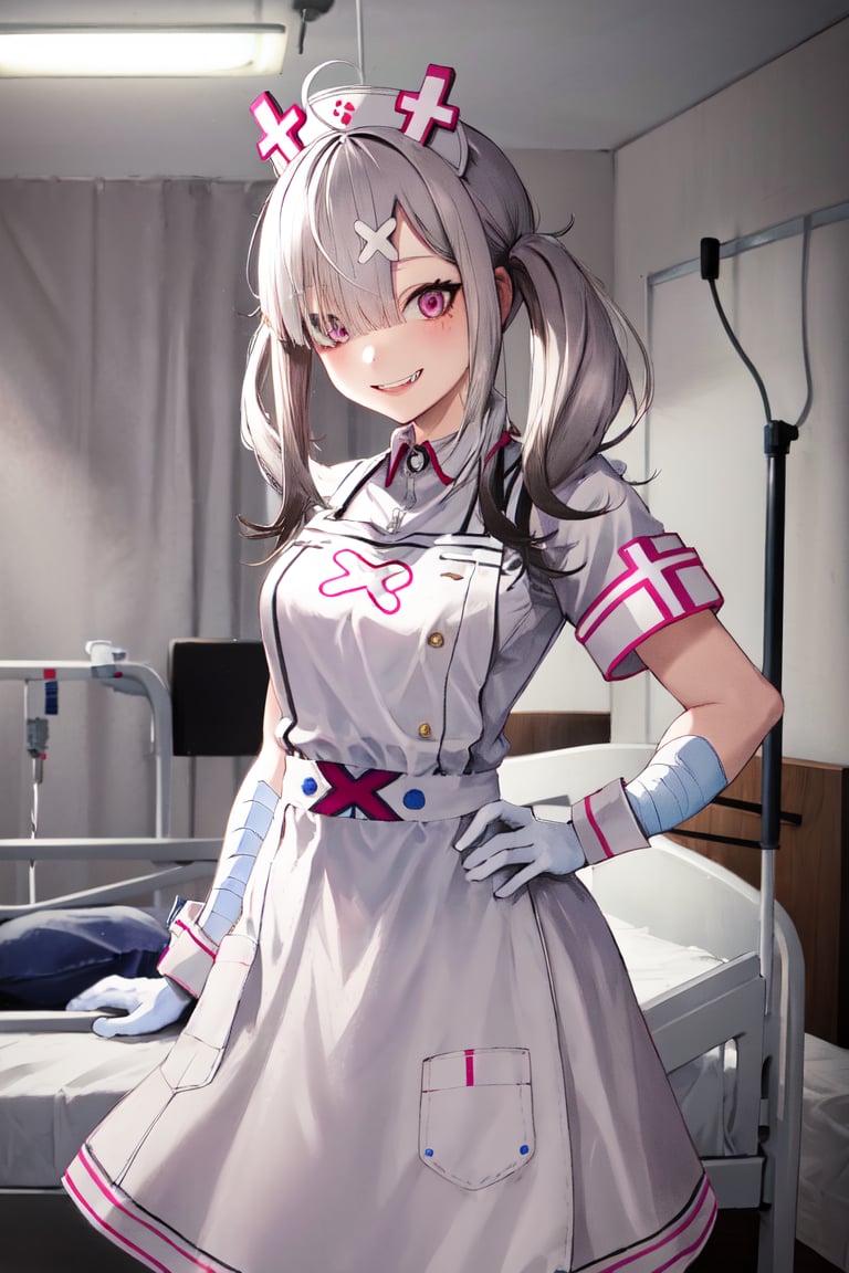 masterpiece, best quality, highres, sk1, white gloves, bandages, white apron, short sleeves, nurse, bandaged arm, wrist cuffs, white dress, fangs, , cowboy shot, standing, hospital bed, smile, hand on hip, 