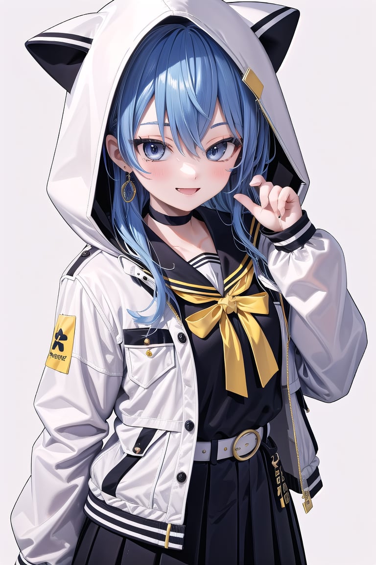 masterpiece, best quality, absurdres, perfect anatomy, SuiseiSchool, long hair, black serafuku, black shirt, black choker, yellow bowtie, grey belt, black skirt, white jacket, hood up, cat hood, open jacket, smile, simple background, portrait, 