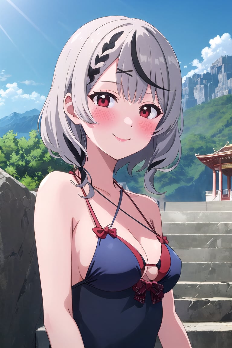 mesugaki,8k,chloeswim, upper body, smile, ((blush)), outdoors, day, simple background, blue sky, sky, temple, looking at viewer, stairs, mountain, moody lighting, facing viewer,