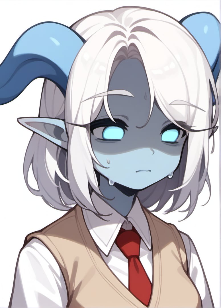 score_9, score_8_up, score_7_up, masterpiece,original,upper body,portrait,blank white background,1girl,Draenei,Warcraft,SHEDRN,HEDRN,Cotton horns,shaded face,(flustered,@ @, shaded face,empty eyes:1.1),white hair,medium hair,no pupils,bule skin,sweat,,elf ear,red tie,Beige Vest,