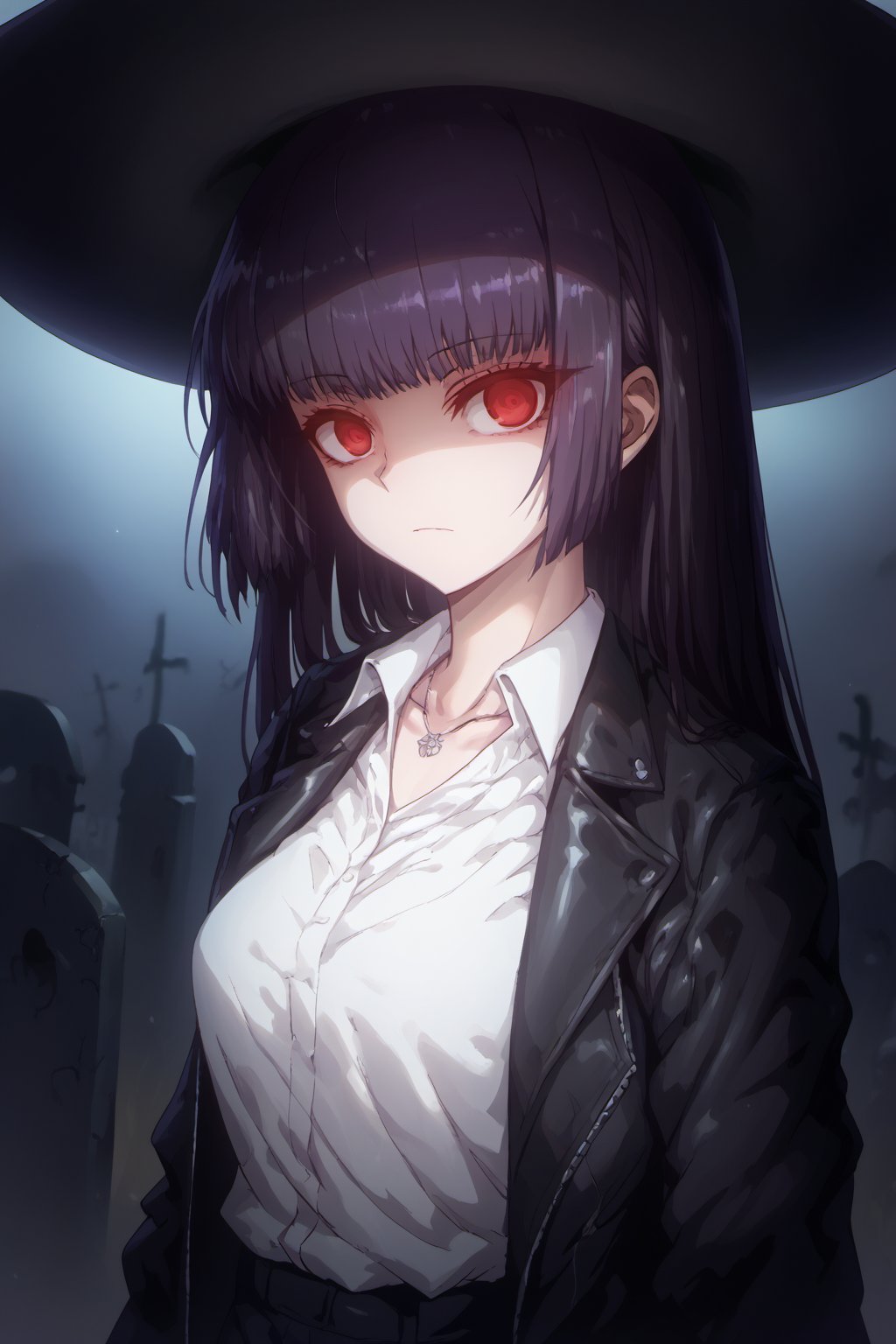 score_9, score_8_up, score_7_up, score_6_up, score_5_up, score_4_up,masterpiece,1 girl,black Mexican sombrero,Mexican,sana sunomiya,sana sunomiya, bangs, Dark purple hair,red eyes, hime cut, ringed eyes, shirt, ,long sleeves, Black leather jacket,White shirt,Collared shirt ,necklace,empty eyes,disdain,Pointed and long ears,/aya_phimosis,phimosis,Glowing eyes,Graveyard background,looking at viewer,