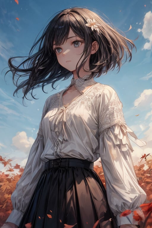 1 girl ,short hair ,black hair ,grey eyes ,upper body ,blouse(flower pattern),skirt ,autumn ,looking away ,outdoor ,evening ,grassland ,flowing wind ,from below ,masterpiece ,best quality ,16k ,ultra-detailed ,finely detailed ,high resolution ,perfect dynamic composition ,detailed eyes ,cinematic lighting ,detailed background ,depth of fields ,perfect proportion ,hyperdetailing skin,clear skin ,harmonious composition ,