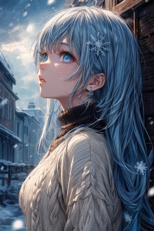 portrait ,1 girl ,light_blue hair ,straight long hair ,tiny hair ornament ,blue eyes ,looking up ,serious ,parted lips ,tiny earrings ,from side ,snowflakes ,snowing ,outdoor ,cloudy sky ,daytime ,wool sweater(brown),masterpiece ,best quality ,16k ,ultra-detailed ,finely detailed ,high resolution ,perfect dynamic composition ,detailed eyes ,cinematic lighting ,detailed background ,depth of fields ,perfect proportion ,hyperdetailing skin,clear skin ,harmonious composition ,