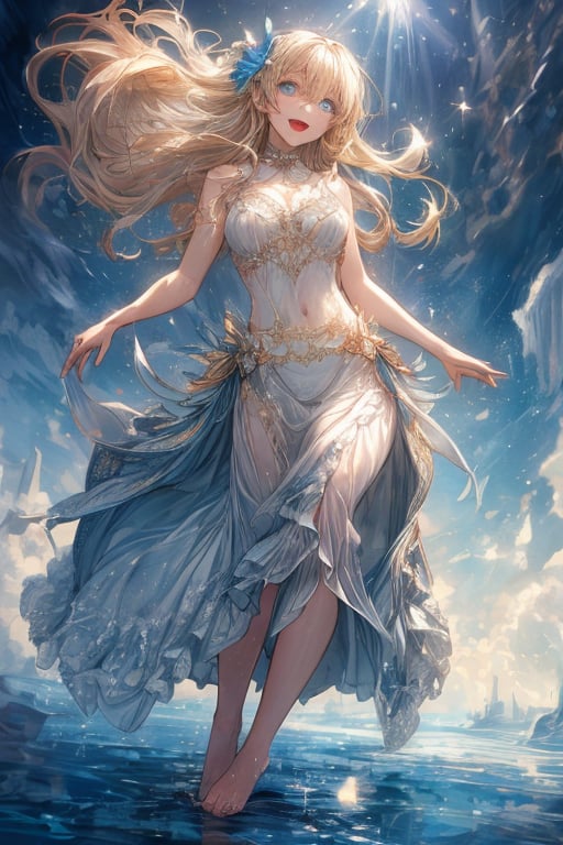 A whimsical fantasy scene unfolds as a blonde-haired girl floats effortlessly in mid-air, her long locks flowing behind her like a golden river. Her bright blue eyes sparkle with joy, and her open mouth conveys a sense of carefree abandon. The refracted sunlight casts a mesmerizing display of light spots across the sky-blue background, highlighting the delicate features of this ethereal beauty. She wears a flowing maxi skirt and goes barefoot, her happiness infectious as she gazes directly at the viewer with a radiant smile.masterpiece ,best quality ,16k ,ultra-detailed ,finely detailed ,high resolution ,perfect dynamic composition ,detailed eyes ,cinematic lighting ,detailed background ,depth of fields ,perfect proportion ,hyperdetailing skin,clear skin ,harmonious composition ,