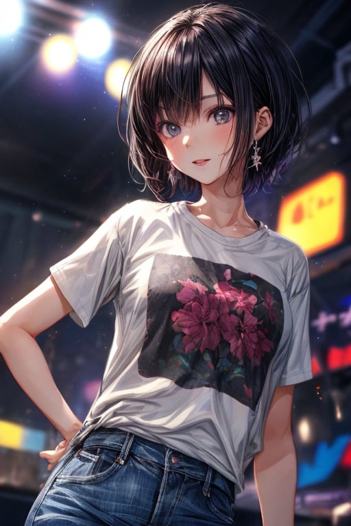 1 girl ,karaoke ,in the karaoke room ,singing ,shout ,black hair ,very short hair ,black eyes ,enjoy ,happy ,T-shirt ,jeans ,tiny earrings ,masterpiece ,best quality ,16k ,ultra-detailed ,finely detailed ,high resolution ,perfect dynamic composition ,detailed eyes ,cinematic lighting ,detailed background ,depth of fields ,perfect proportion ,hyperdetailing skin,clear skin ,harmonious composition ,