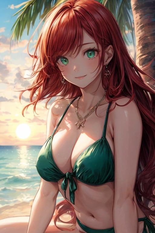 1 girl ,red hair ,straight long hair ,green eyes ,smile ,looking at viewer ,necklace ,tiny earrings ,bikini ,sunset, resort beach ,sitting ,masterpiece ,best quality ,16k ,ultra-detailed ,finely detailed ,high resolution ,perfect dynamic composition ,detailed eyes ,cinematic lighting ,detailed background ,depth of fields ,perfect proportion ,hyperdetailing skin,clear skin ,harmonious composition ,