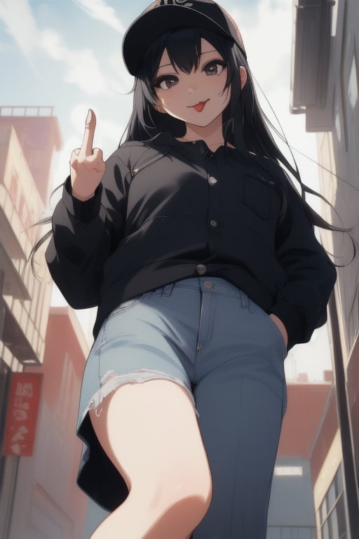 1 girl ,cute ,pretty ,kawaii ,black hair ,long hair ,long locks ,black eyes ,turime ,looking at viewer ,(look down ,from below:1.5),(awaiting tongue:1.2),wearing black jersey ,black baseball cap ,sitting ,cross legs ,head tilt ,feeling listless ,irreverence ,saucy ,(middle finger,one hand in her pocket:1.5) ,downtown ,back alley ,dim ,dystopia ,(masterpiece:1.4), best quality, 16k, ultra-detailed, finely detailed, high resolution, perfect dynamic composition ,detailed eyes, cinematic lighting, detailed background ,depth of fields ,perfect proportion ,hyperdetailing skin, clear skin,