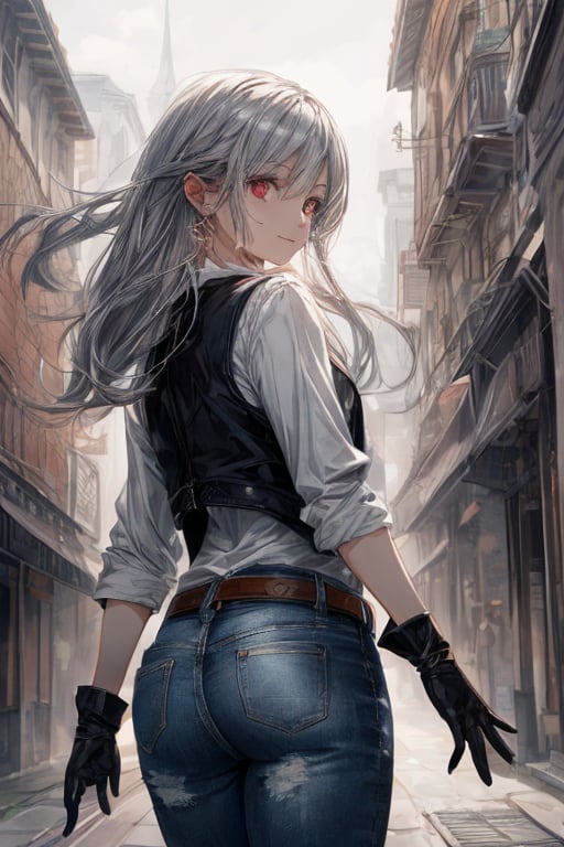 1 girl ,solo, earrings, jewelry, smile, belt, vest, outdoor, gloves, necklace, jeans, rock ,long hair ,silver hair ,flowing by the wind ,red eyes ,looking at viewer ,from behind ,looking back ,masterpiece ,best quality ,16k ,ultra-detailed ,finely detailed ,high resolution ,perfect dynamic composition ,detailed eyes ,cinematic lighting ,detailed background ,depth of fields ,perfect proportion ,hyperdetailing skin,clear skin ,harmonious composition ,