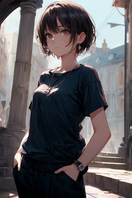 1 girl ,solo ,looking at viewer ,short hair ,brown hair ,short sleeves ,shadow , black pants ,blue shirt, t-shirt ,hands in pockets ,stubble, wristwatch ,tiny earring ,simple necklace ,outdoor ,stair ,masterpiece ,best quality ,16k ,ultra-detailed ,finely detailed ,high resolution ,perfect dynamic composition ,detailed eyes ,cinematic lighting ,detailed background ,depth of fields ,perfect proportion ,hyperdetailing skin,clear skin ,harmonious composition ,