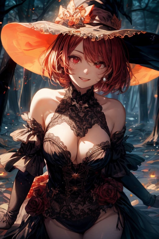 A bewitching Halloween scene unfolds. A lone witch, donning a vibrant orange hairdo in a bobcut style, sports fiery red eyes that sparkle with mischief. Her parted lips curve into a cheerful smile as she gazes directly at the viewer. Amidst the darkness of midnight in a dense forest, her happy expression radiates an infectious joy. The witch's Halloween costume is a perfect blend of fantasy and playfulness, illuminated only by the soft glow of luminescent mushrooms and stars twinkling above.masterpiece ,best quality ,16k ,ultra-detailed ,finely detailed ,high resolution ,perfect dynamic composition ,detailed eyes ,cinematic lighting ,detailed background ,depth of fields ,perfect proportion ,hyperdetailing skin,clear skin ,harmonious composition ,