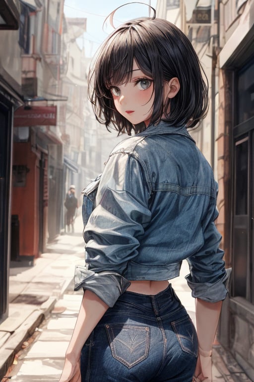 1 girl ,makeup .hot red lips, sashy ,elegant ,beauty ,short hair ,bangs ,ahoge ,black hair ,grey eyes ,looking at viewer ,wearing cropped denim jacket and tight levis jeans in light blue color ,daytime ,back alley ,from diagonally forward ,masterpiece ,best quality ,16k ,ultra-detailed ,finely detailed ,high resolution ,perfect dynamic composition ,detailed eyes ,cinematic lighting ,detailed background ,depth of fields ,perfect proportion ,hyperdetailing skin,clear skin ,harmonious composition ,