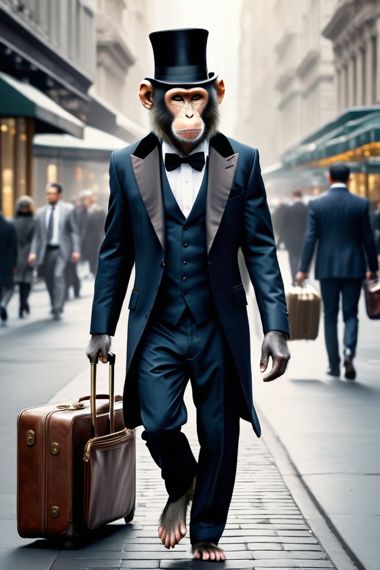 High resolution, full detailed, better image quality,16k, ultrara definition,ultra-realistic,

Believe me a monkey, with suit form, with a top hat, and a suitcase in hand, walking in the city 