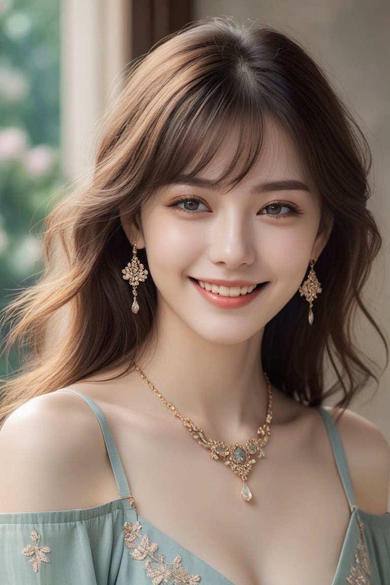 Beautiful, soft light, (beautiful and delicate eyes), very detailed, pale skin, big smile, (long hair), dreamy, medium chest, female 1, ((front shot)), bangs, soft expression, height 170, elegant , Bright smile, 8k art photo, photorealistic concept art, realistic, person, small necklace, small earrings, fantasy, jewelry, shyness, dreamy soft image, masterpiece, ultra high resolution, skirt, shirt, jacket, color , (both eyes (winds gently), (raises head slightly and looks immersed in happy thoughts),colorful