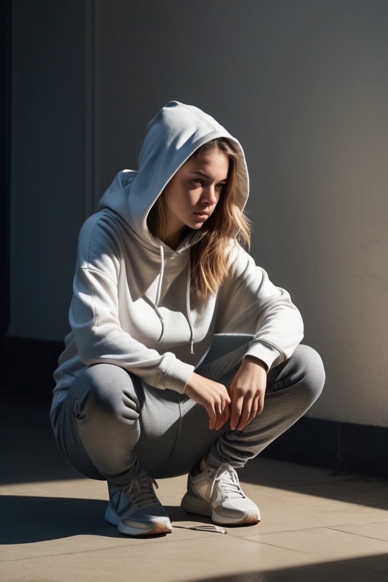 Photorealistic image, full body portrait, girl sitting down squatting, in doubt, hoody, light colors, puzzeled, questiond unanswered, frustrated, alone, highly detailed, cinematic lighting