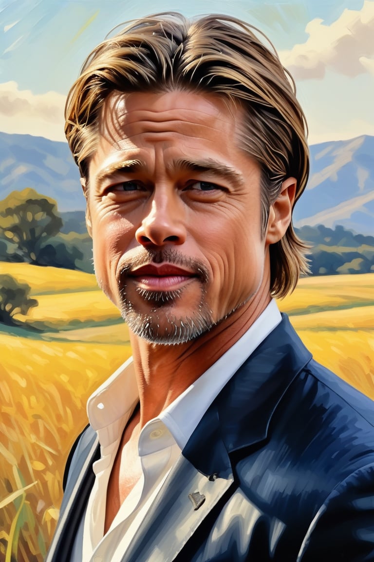 Brad Pitt exuding charisma and charm, textured oil painting, thick oil paint, brush strokes, Artrage effect,  highly detailed, sunny outdoor backdrop, dynamic lighting, super detailing, painterley effect, post impressionism, ,oil painting,comic book