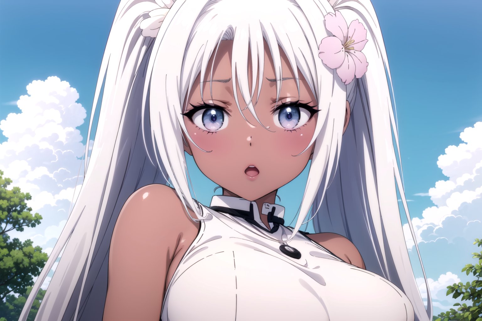 1girl, solo, long hair, blush, open mouth, bangs, hair ornament, hair between eyes, bare shoulders, blue hair, purple eyes, upper body, flower, cyan hair, sidelocks, outdoors, parted lips, neko, sky, sleeveless, day, cloud, hair flower, dark skin, :o, dark-skinned female, blue sky, parody, red flower, tribal