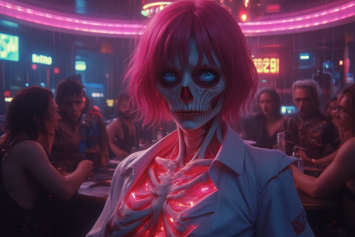 Close-up shot of an Anime girl with short, bright pink hair and piercing blue eyes, lifting her shirt to reveal a skeletal body beneath. The dimly lit night club setting, complete with flashing LED lights and pulsating music, creates a surreal atmosphere. In the background, a group of men at the bar react in shock and awe as they take in this otherworldly sight.