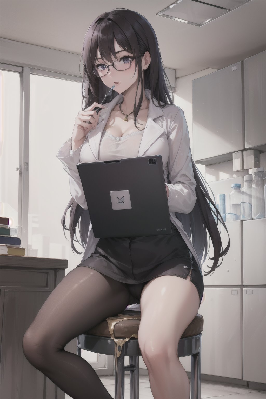 Woman sit on stool,professor,hard mind work,glasses,brunette,long_hair,laboratory,holding tablet,high_resolution,high quality, 4k