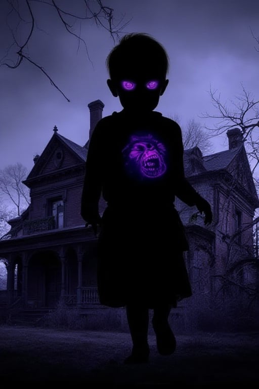 A Haunted Victorian Silhouette of a child, where the essence is captured in stark black against a backdrop of a dilapidated Victorian mansion. Hints of eerie purple and blue emanate from within the silhouette, suggesting a haunting presence,ABMhauntedVibe,vintage horror illustration 