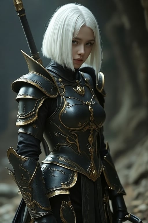 1girl, solo, young girl, an assassin, wearing light armor, black and gold armor, black gloves, black long boots, ancient chinese armor, short hair, bob hair, side parted hair, white hair, pale skin, weapon, dual daggers, yellow eyes, full body, battle_stance, glowing armor, in the dungeon,35mm photo,Realistic photography,beauty_asian