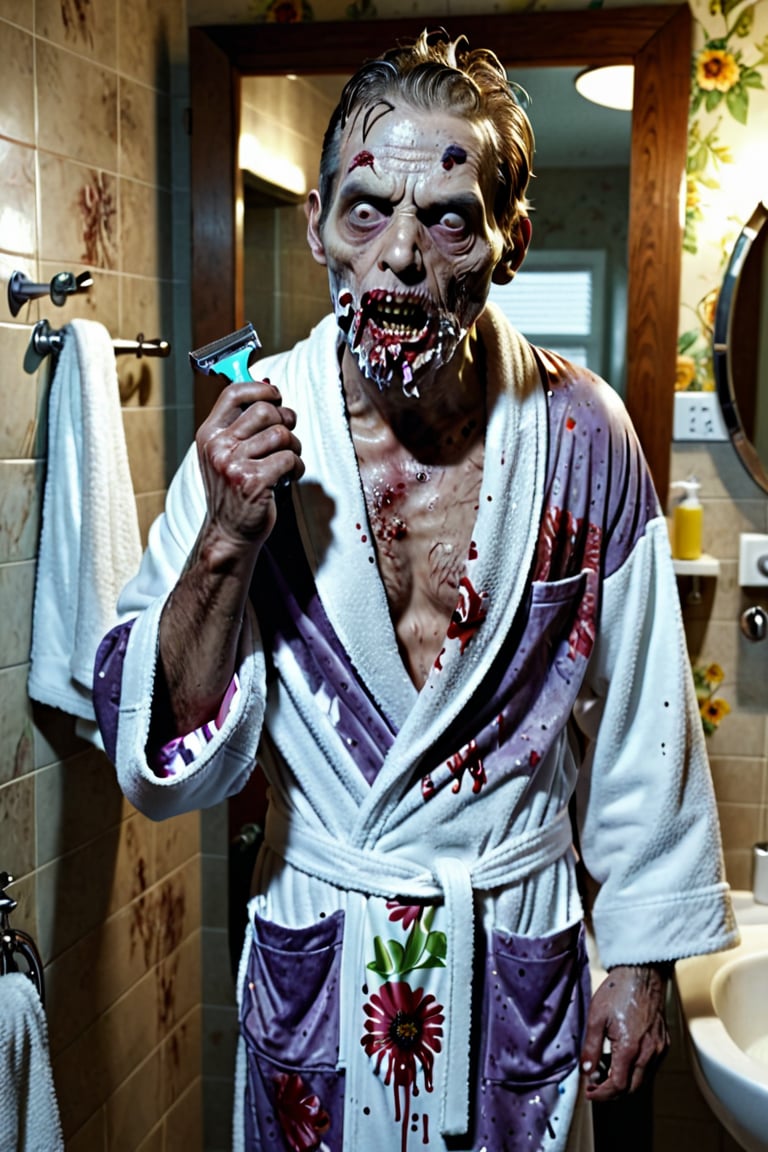 (Hyper realistic), 8K, hyper details,Front lit,
a male zombie is standing in the bathroom and shaving his face. His face is covered in shaving foam and he is holding a razor in his hand , wearing a bathrobe with a floral pattern,Extremely Realistic,z0mb13