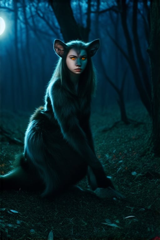 (masterpiece, best quality:1.2), (Dynamic pose:0.8),In a dark forest moonlight shines through the old trees. In focus a young woman who turns into a werewolf, growing fur, big ears, the eyes of a predator