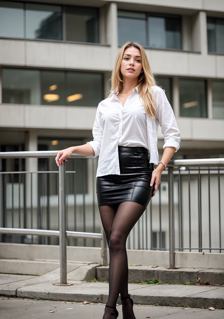 Generate hyper realistic image of a woman with long, blonde hair, standing elegantly in a plaid skirt and black shirt, gazing directly at the viewer. She wears black pantyhose and stylish high heels, completing her chic ensemble. The full-body shot showcases her poised stance against a railing backdrop, exuding a sense of confidence and style. Her attire exudes a modern yet classic appeal.