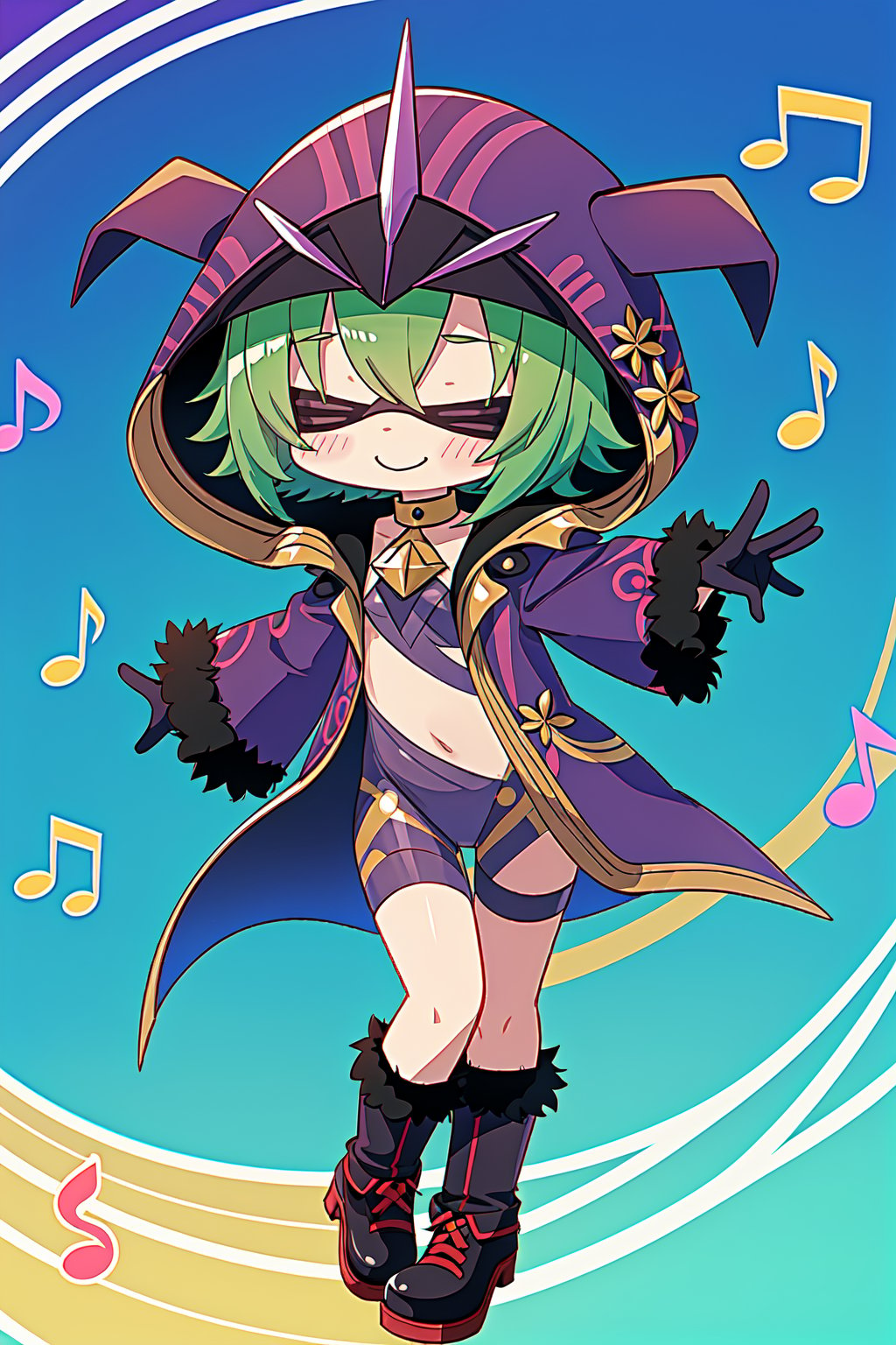 1girl, ((chibi)), standing, flame, smile, (dancing),  (music notes),electrocicin, green hair, short hair, eye mask, covered eyes, hood, hooded cloak, purple leotard, fur trim, long sleeves, gloves