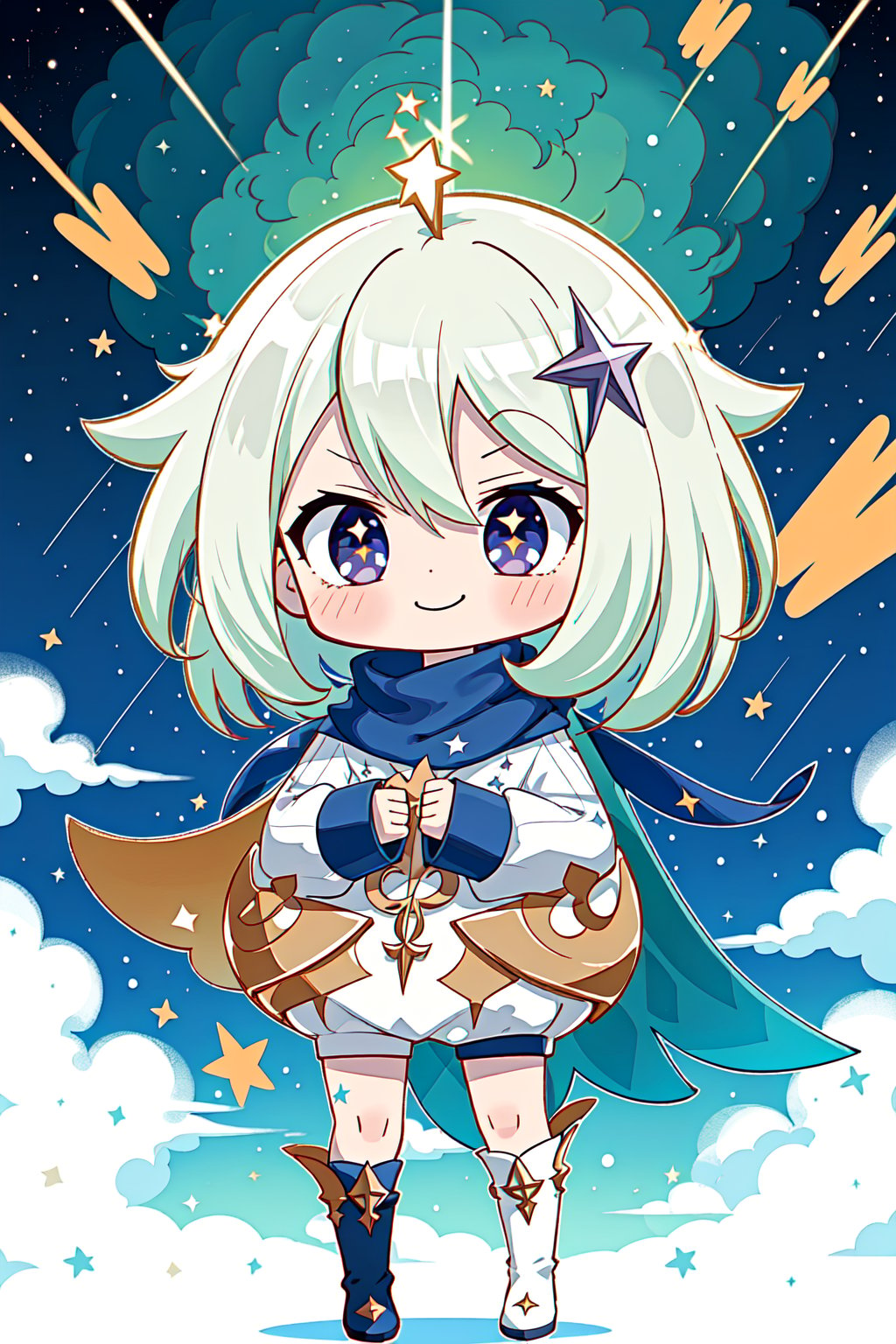 1girl, ((chibi)), standing, cheerful, smile, (holding_meet),manganiku, ((shooting star)),paimon \(genshin impact\),white hair,gradient eyes,white pupils,boots,cape,scarf,long socks,hair ornament