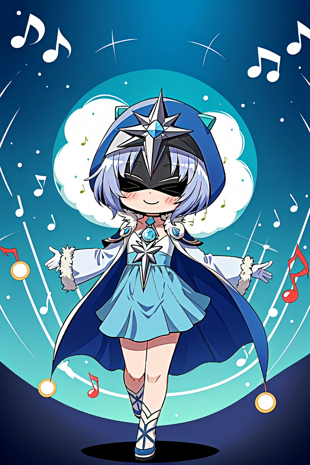 1girl, ((chibi)), standing, flame, smile, (dancing),  (music notes),cryocicin, blue hair, eye mask, covered eyes, hood, hooded cloak, blue dress, halterneck, fur trim, long sleeves, white gloves, diamond \(gemstone\)