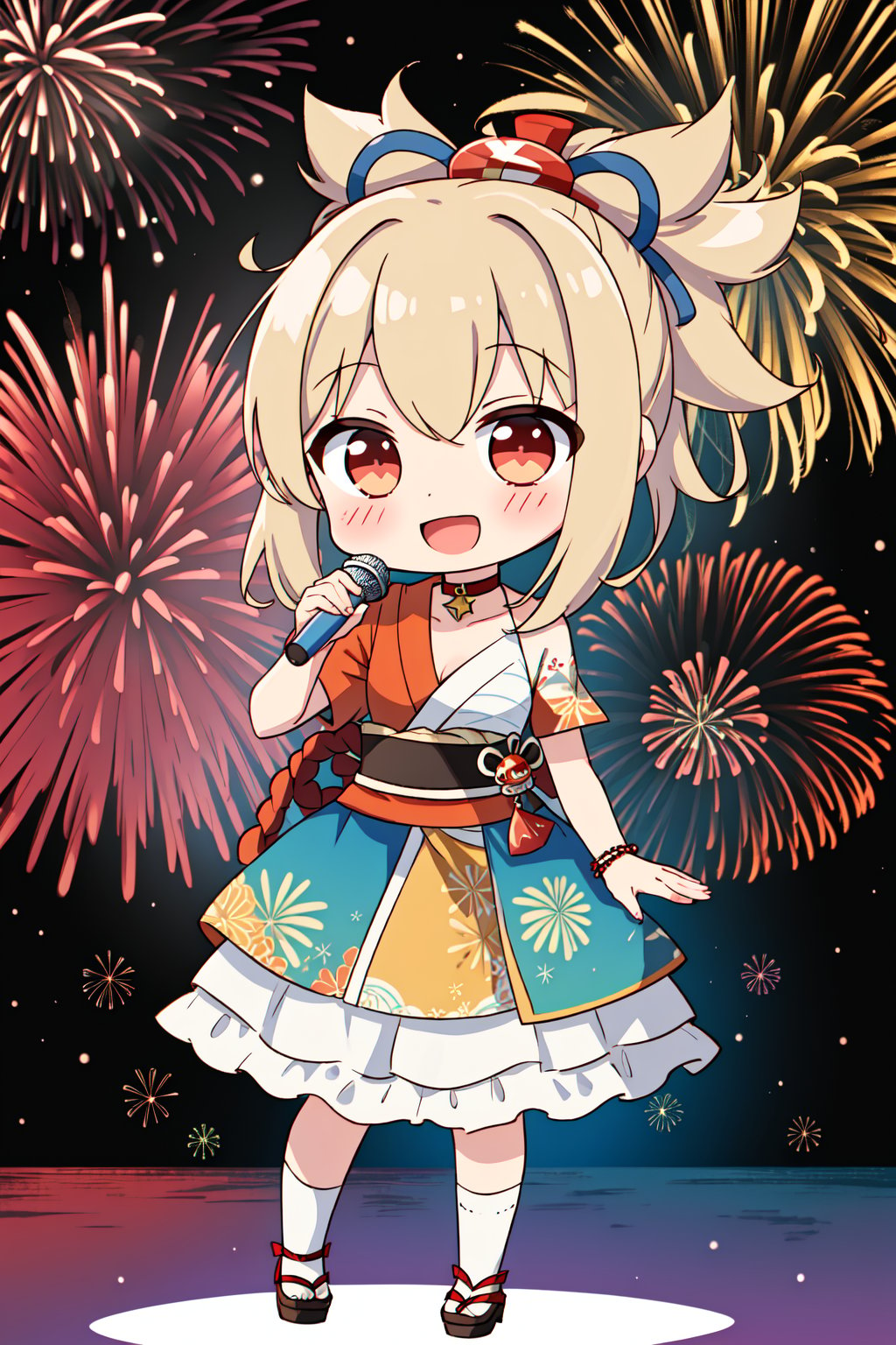 1girl, ((chibi)), standing, cheerful, smile, (singing), ((fireworks)),yoimiyadef