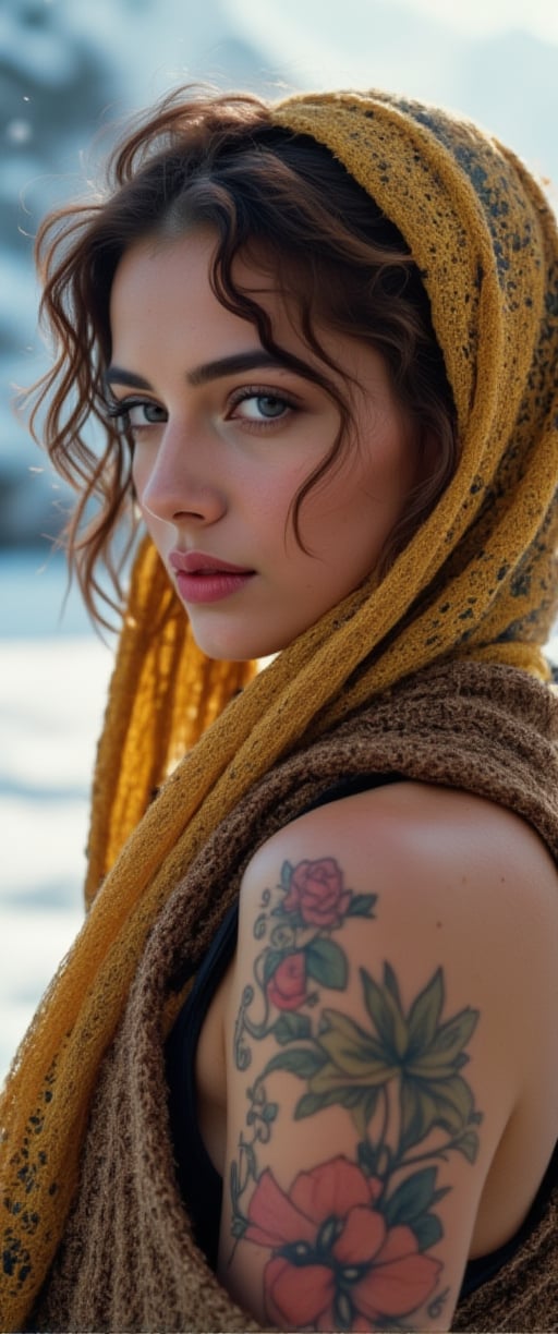 A high-resolution photograph of a woman with striking blue eyes and freckles, adorned in a vibrant mustard yellow headscarf with intricate floral patterns. The scarf wraps around her head and neck, adding warmth and color to the scene. Her auburn hair peeks out slightly, and she has a beautiful floral tattoo on her shoulder, which is partially visible beneath a textured, woolen garment. The background is a snowy, winter landscape with a soft, blurred effect that emphasizes the subject. The lighting is natural and soft, enhancing her delicate features and the rich colors of her attire. The overall mood is serene and captivating, blending elements of cultural richness and natural beauty.
