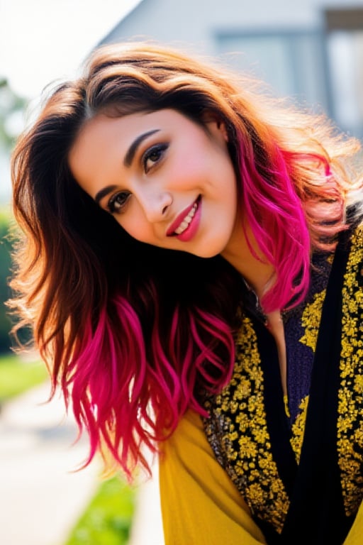 A vibrant close-up shot of the stunning 20-year-old model, face aglow under soft diffused lighting. Her radiant beauty shines, colorful hair. Makeup, smile face, full_body, fully_dressed, outside, wear pakistani shalwar kameez, show full body, high_heels