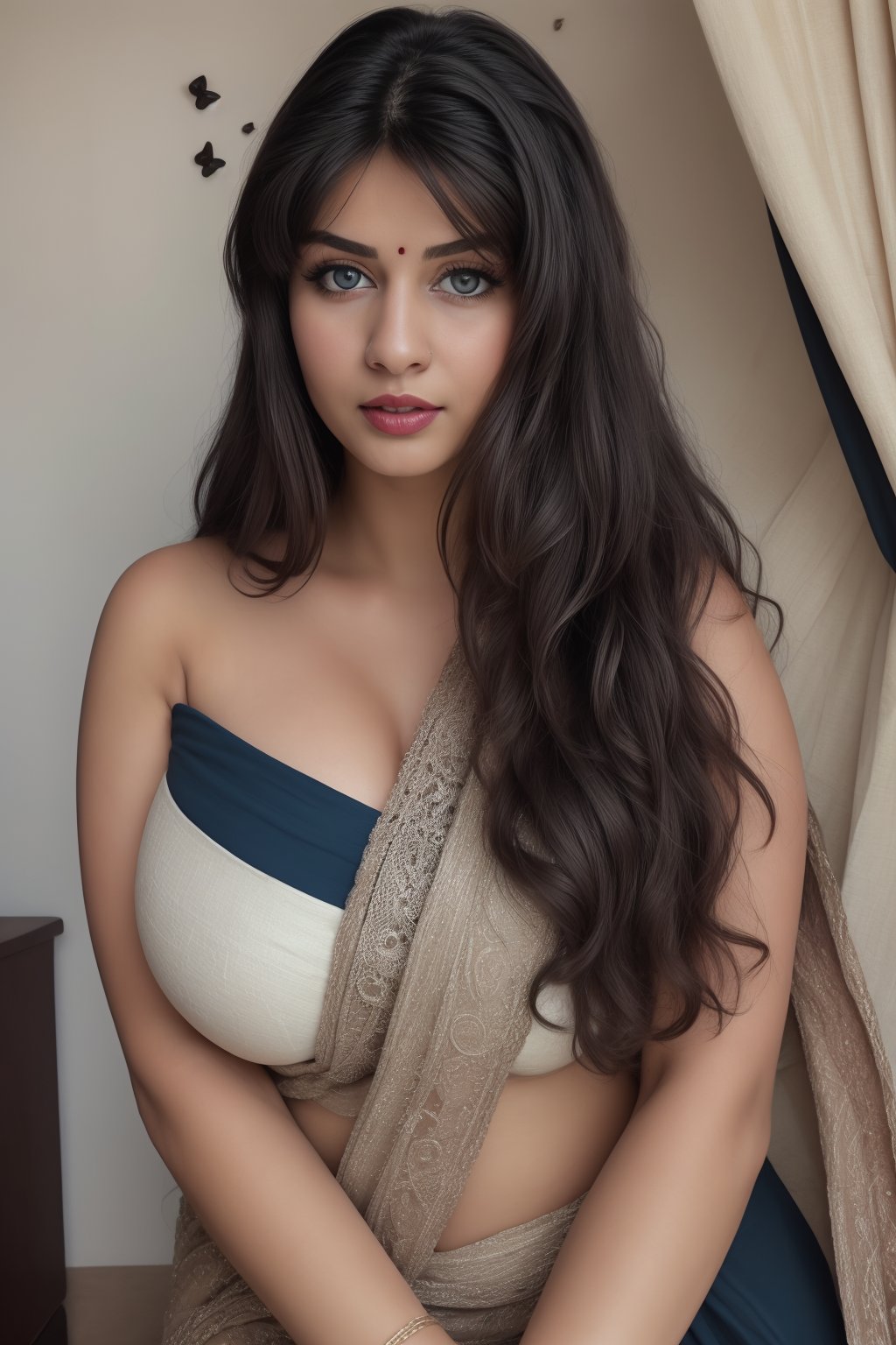 (masterpiece, best quality, ultra-detailed, 8K),high detail, realisitc detailed, a beautiful young indian girl curvy body with long flowy black hair over shoulders in the dark, wearing a full tight indian lacy net multi color saree fully see through dress in wedding palace tempting manner, blue eyes, pale soft skin, kind smile, glossy lips, a serene and contemplative mood, red lips,hd makeup,Indian,(blue eyes)(temptaation shy manner)