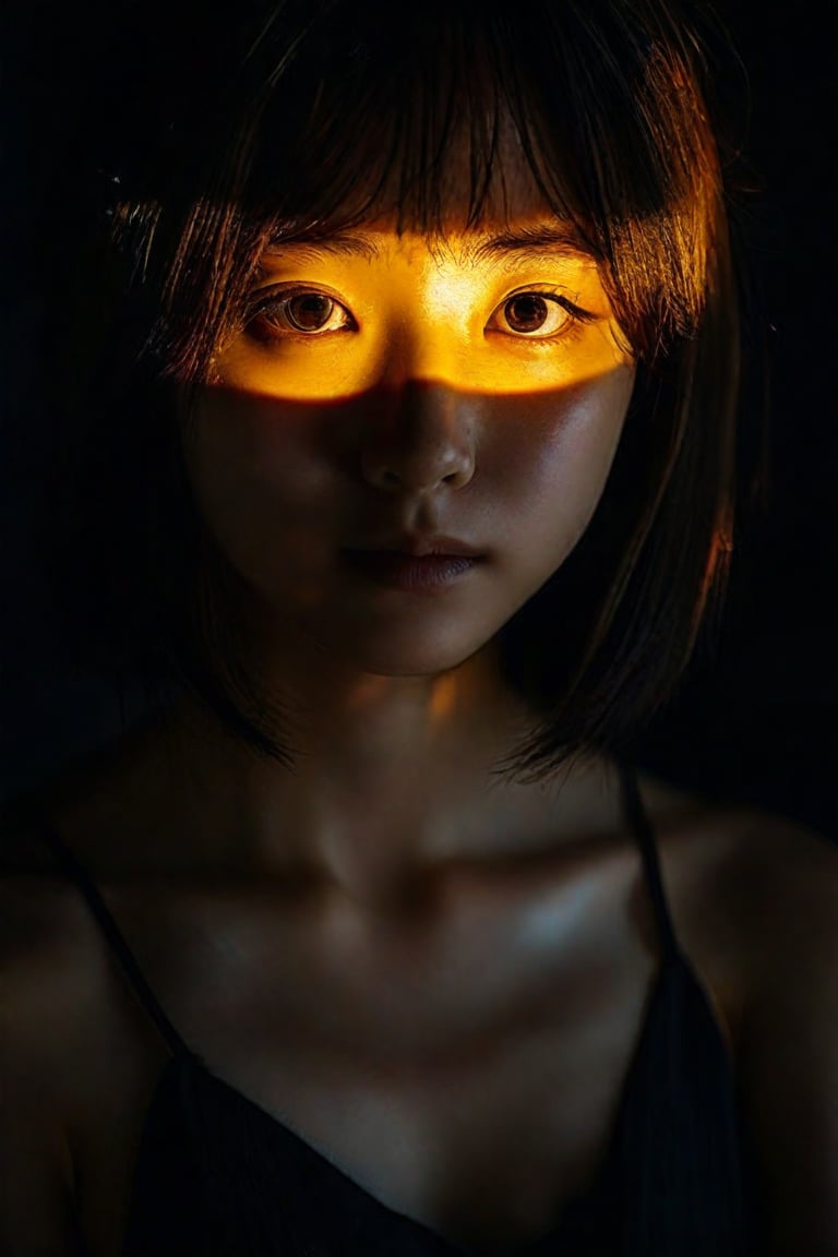 A mysterious Japanese girl with short hair gazes softly into the camera lens, her features illuminated by a subtle golden glow against a deep black background. Her slender figure is framed by the darkness, her eyes and skin tones standing out in striking contrast.