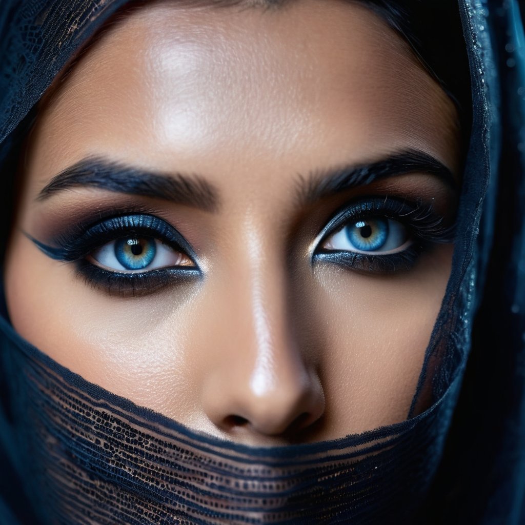 The left half of a indian woman's face wearing a (black chiffon face veil) is captured on a film photograph. It is pitch b...