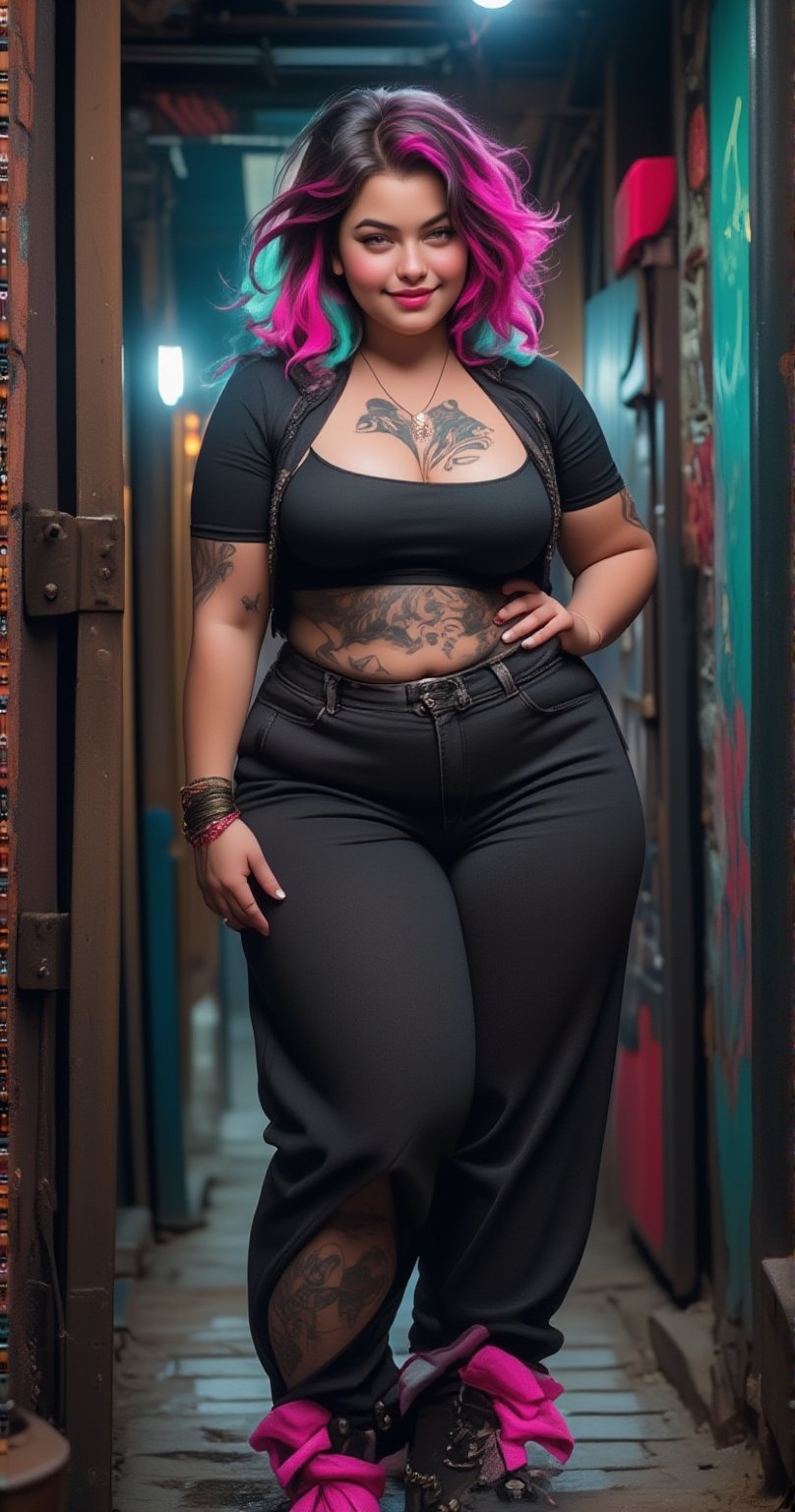 A young woman embodying the allure of the "girl next door" with a punk twist,  flaunting her sexuality in a tasteful yet e...