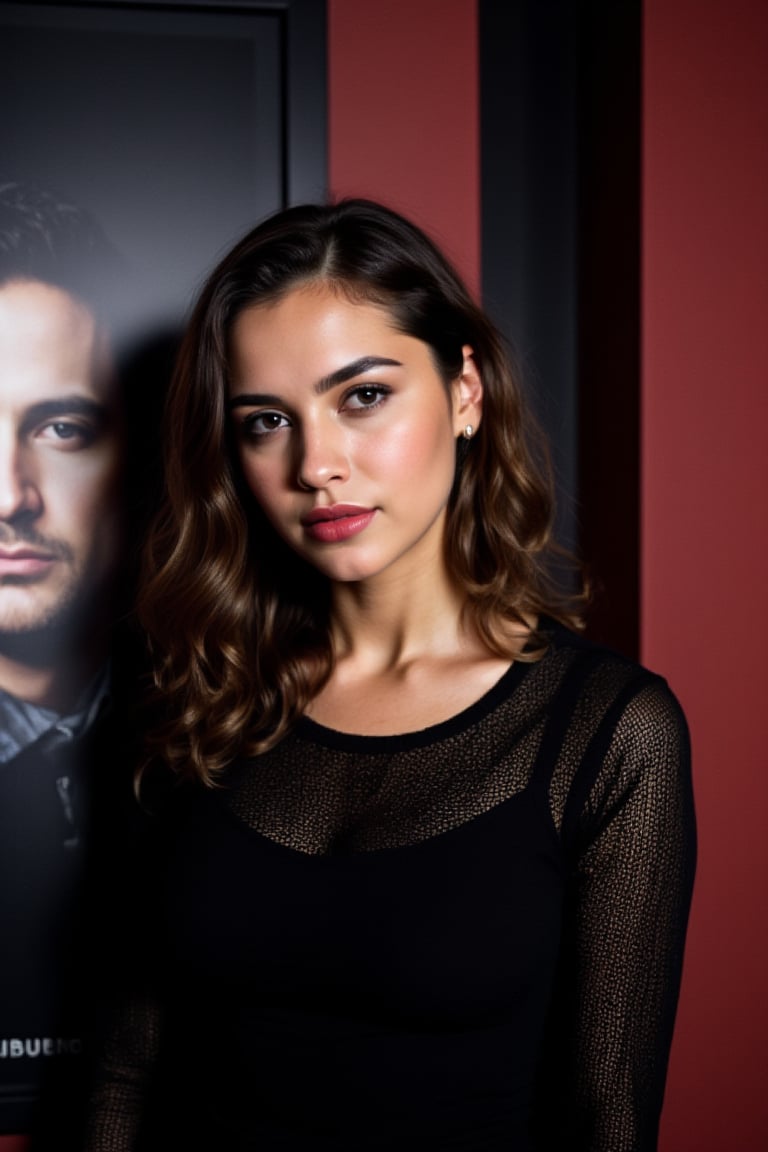  A young woman stands confidently against a movie poster backdrop, her gaze directed straight at the camera, exuding an air of confidence and allure, She wears a black top with a lace pattern, her features softly highlighted by even lighting, Off-center placement draws the viewer's eye towards her, while a subtle hint of a man in the background adds depth to the scene, The movie poster suggests a possible movie theater setting, 