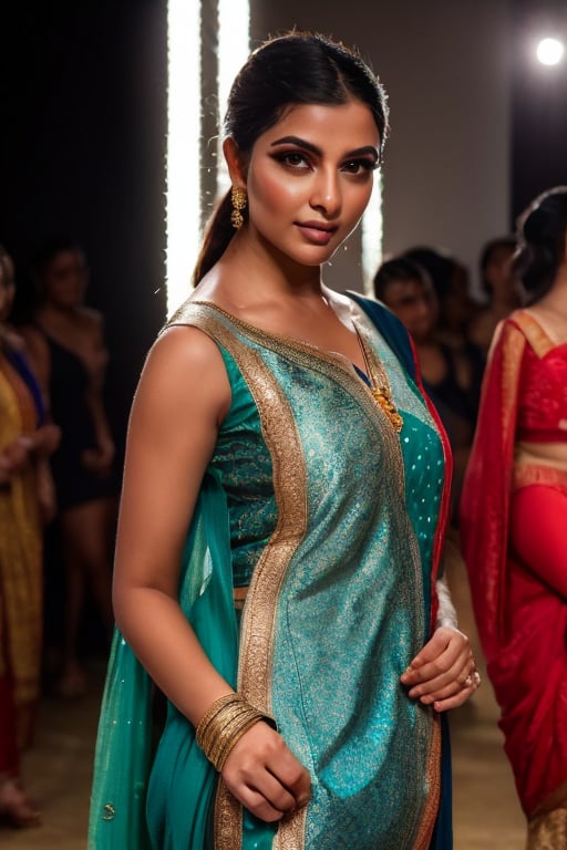 A photo of a pretty woman with long hair, bored, She wears a sleeveless kurti, krutis,  a woman, perfect hair, (modern photo, Aqua Green  elegant haute couture model outfit, dress), closeup portrait, 85mm lens, (analog, cinematic, film grain:1.3), (walking on the runway), ((detailed eyes)), (epicPhoto), (color picture:1.1), jewelry, makeup, (looking at viewer),Kaeya