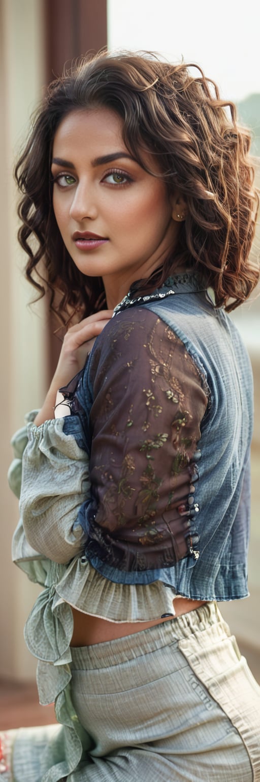 A sultry close-up side view curly-haired beauty as she crawls,  arms tied behind her head,  green eyes sparkling with misc...