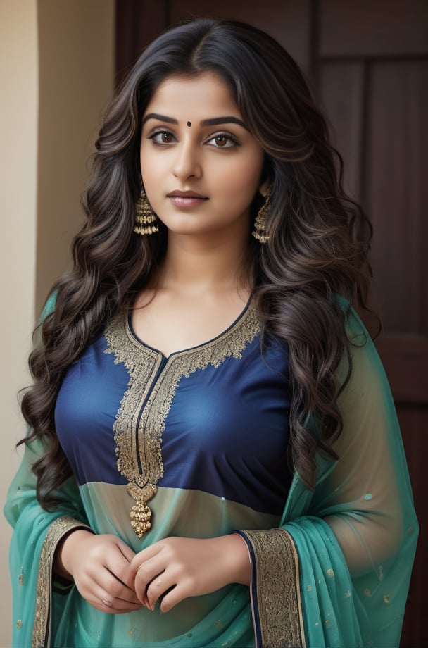 full body shot.  mature thick girl, An ultra real full body photo of a young girl age 25, long dark curly hair. Wearing a beautiful churidar , ultra close macro details, ultra contrast, ultra decoration. Intricate details of her beautiful eyes and her perfect face.