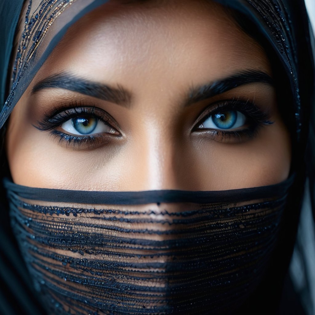The left half of a indian woman's face wearing a (black chiffon face veil) is captured on a film photograph. It is pitch b...