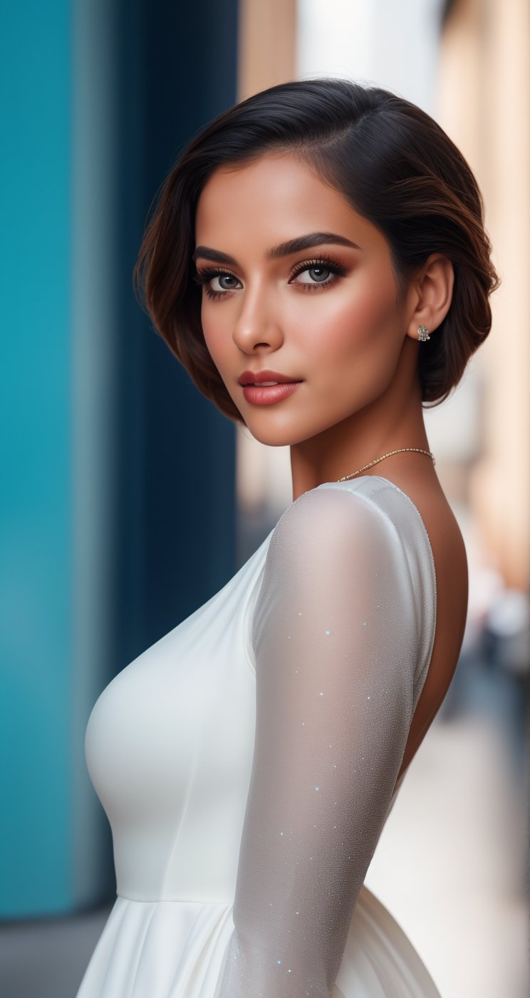 A stunning AI celebrity influencer posing in a   white full dress against a vibrant, contrasting background, with long, colorful hair framing her pretty face and sparkling eyes. The camera captures her unique features up close, as if sharing a secret, with the Canon EOS camera's 8K sensor rendering every detail in breathtaking high resolution.