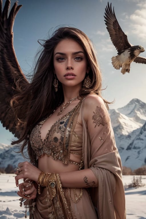 majestic portrait of a woman adorned with intricate henna designs,  her gaze fixed on a soaring hawk against a backdrop of...