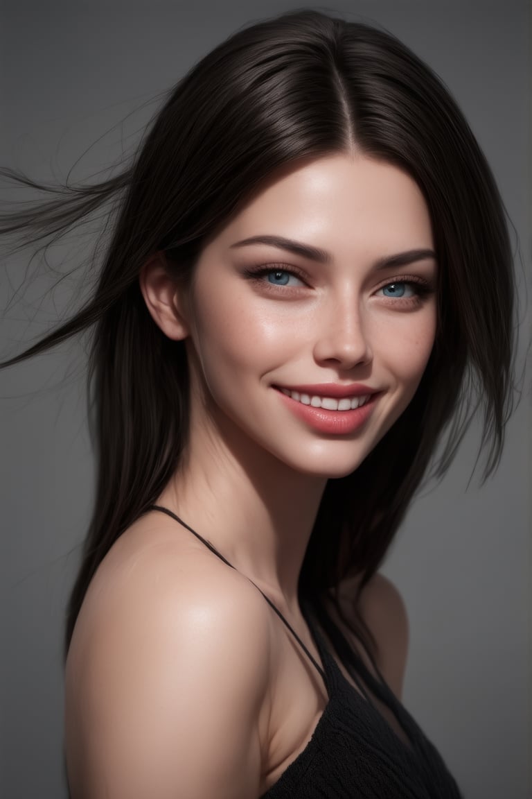 22 years old beautiful attractive woman, (smile:0.8), standing, (full body:1.4), (medium shot:1.4), long black hair, red lips, (freckles:0.7), (blue eyes:1.1), aesthetic jawline, sharp chin, fair skin, mole, wearing black knitted dress, soft cinematic lighting, grey background, floating hair, wind, (best quality, 4K, 8K, high-resolution, masterpiece), ultra-detailed, best detailed, details, realistic, best detailed, details, realistic skin, skin detailed, natural skin texture, 4k textures, soft cinematic light, photorealism, photorealistic, intricate, elegant, highly detailed, soothing tones, insane details, intricate details, hyper detailed, photogenicLDG