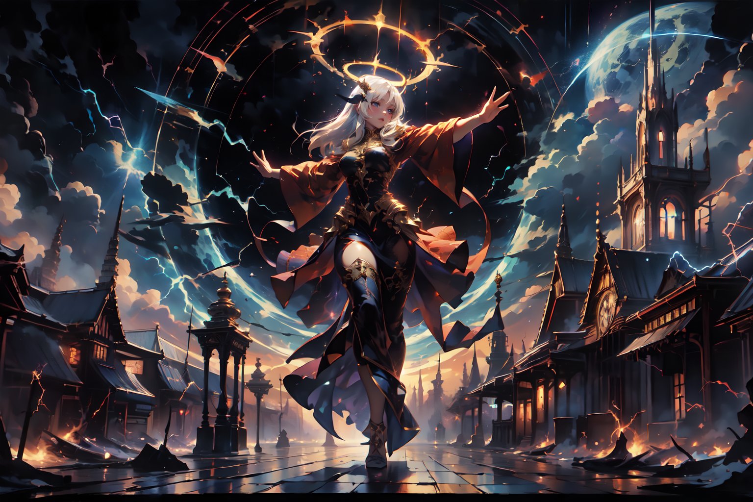 (a woman with a perfect halo of gold hair and lightning, painted in flames, a silver forked sky, standing against the planet's last dance, hovering in the air, arms outstretched) Art-Deco-inspired landscape, ((mesmerizing)) shell at her feet, dynamic composition, rule of thirds, ((twilight)) ambiance, (ultra-detailed),, best quality, high resolution, atmospheric, ((sublime)),, painterly,nodf_lora, thundermagic