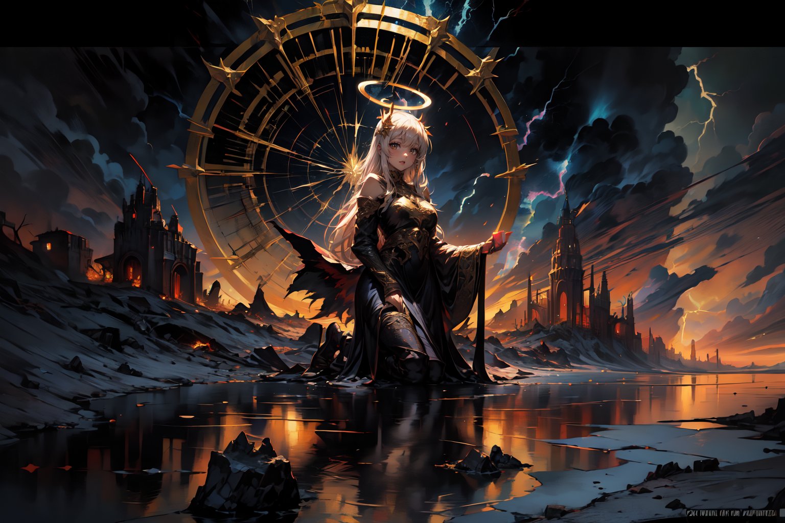 (a woman with a perfect halo of gold hair and lightning, painted in flames, a silver forked sky) Art-Deco-inspired landscape, ((mesmerizing)) shell at her feet, dynamic composition, rule of thirds, ((twilight)) ambiance, (ultra-detailed),, best quality, high resolution, atmospheric, ((sublime)),, painterly,nodf_lora