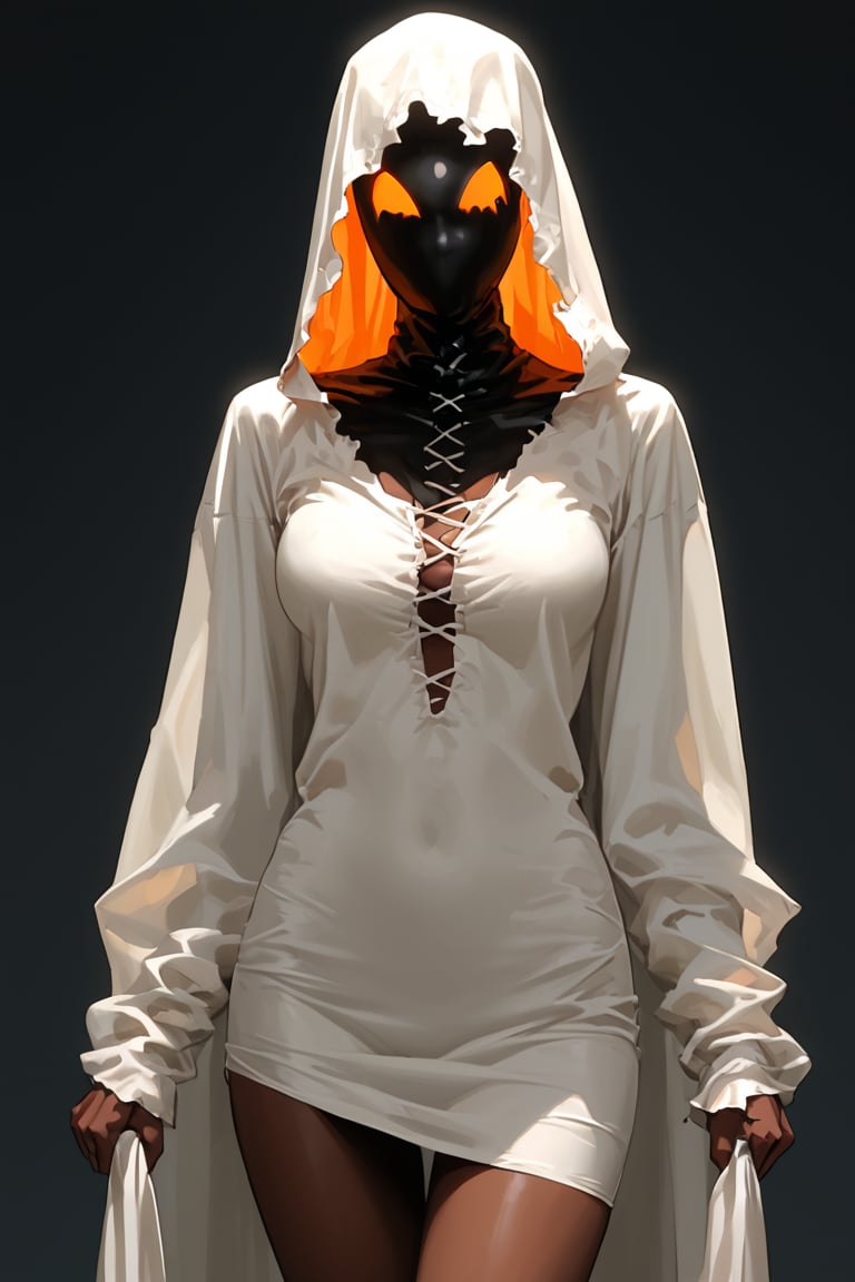 front view,(score 9, score 8 up, score_7_up, source anime, (masterpiece), best quality, expressive eyes, perfect face, (masterpiece), 
Dark bronze skin tone, sheet over her head, eye and mouth cutouts, orange eyes, very short stark white hair,
ghostgirl,1girl,solo,halloween,halloween costume,ghost costume,long costume, standing, Thigh up image, holding a trick or treat bag